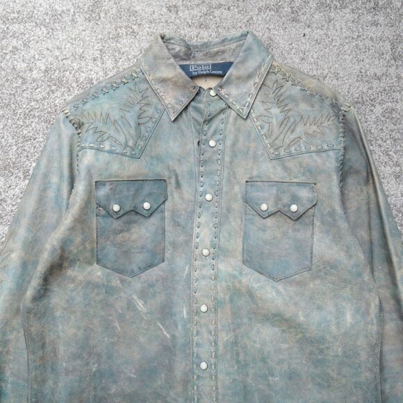 Vintage Polo Ralph Lauren Green Western Leather Shirt Jacket Embroidery Size M‎ - Picture 2 of 10